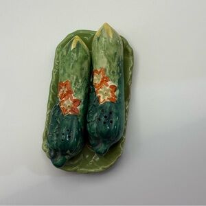 Vintage hand, painted cucumber, salt, and pepper shakers with tray made in Japan